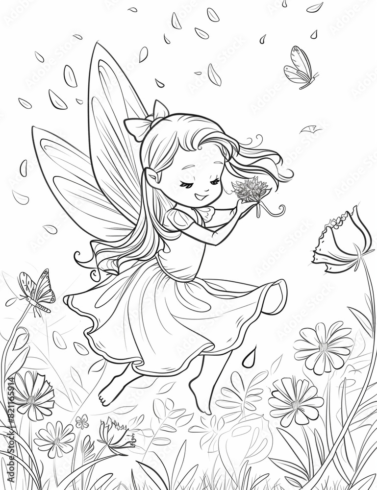 Simple black and white coloring page depicting a chibi flower fairy in a floral dress, gracefully dancing among flowers, holding a bouquet, with butterflies and petals floating around Simple black and white coloring page depicting a chibi flower fairy in a floral dress, gracefully dancing among flowers, holding a bouquet, with butterflies and petals floating around