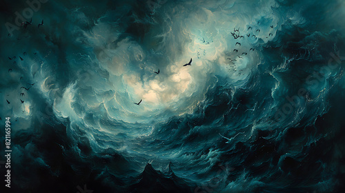 Seagulls soar above stormy seas, dark clouds loom, waves crash relentlessly, an ominous yet captivating scene captured in this dramatic photograph available for licensing on Adobe Stock photo