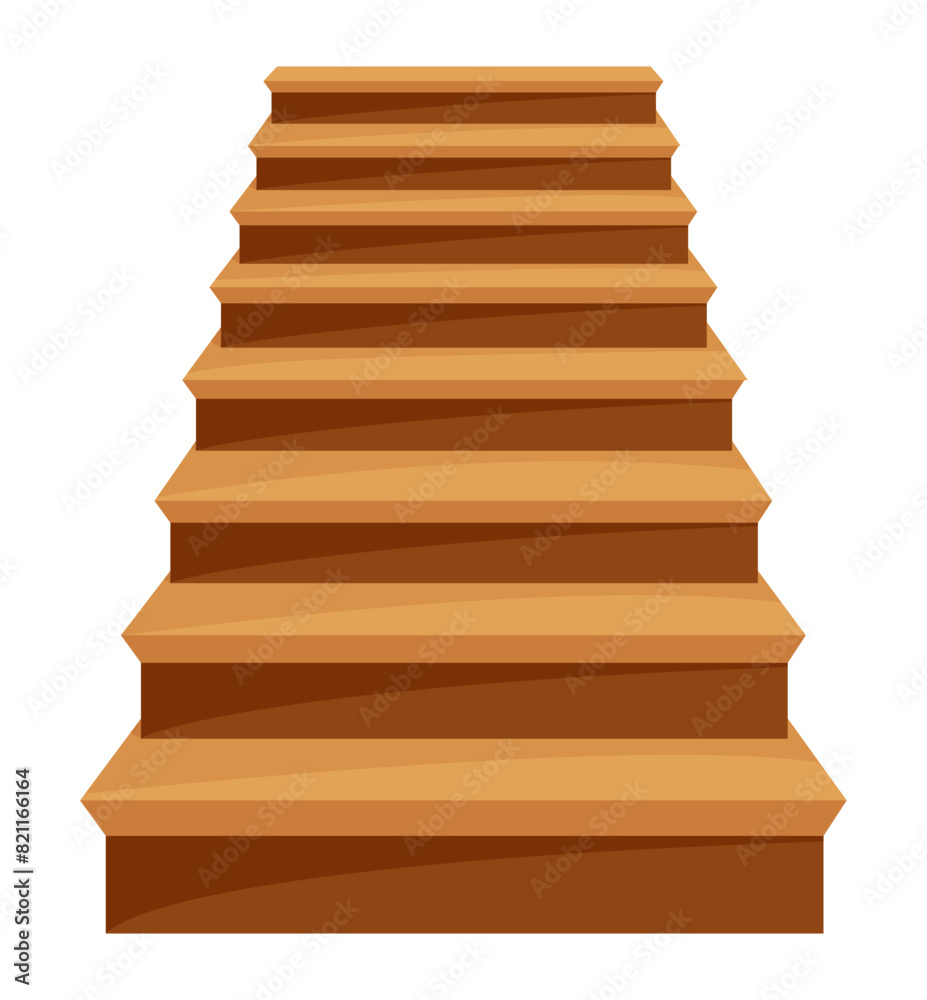 Game castle stairs in cartoon style. Medieval ancient ladder flights without railings, wood step treads and rock risers with cracked details. Vector staircase isolated on white