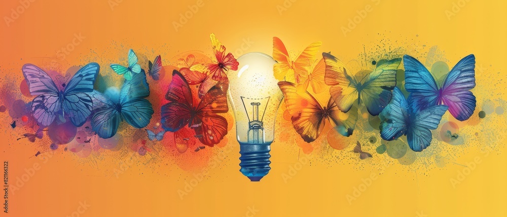 Clean and detailed illustration of rainbow butterflies around a lightbulb, symbolizing ideas and pride Clean and detailed illustration of rainbow butterflies around a lightbulb, symbolizing ideas and pride