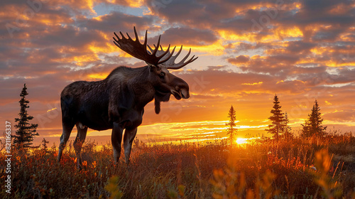 Majestic moose stands tall in forest. Generative AI © PaputekWallArt