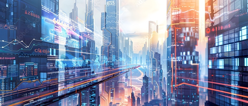 Fototapeta premium Futuristic Cityscape with Vibrant Skyscrapers Illuminated Transportation and Glowing Atmosphere
