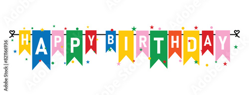 Happy birthday colorful decorative flags with text banner  Background