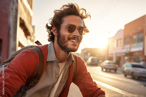 A beautiful young adult of South-African hipster man riding his bicycle to work, a frontside portrait of a guy commuting on a bicycle on a sunny day in an urban street at sunset photo