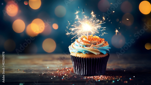 A birthday cupcake with flower decorations and sparklers and a background with decorations in bokeh