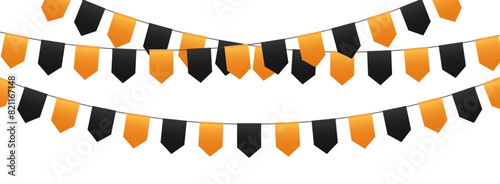 Party flags, bunting flags garland, orange and black pennants hanging on a rope. Halloween vector decoration.