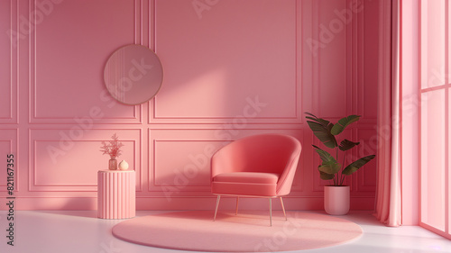 3d rendering  room Pantone Color trend    stylish    color  blocking  simplicity   with space  area    monochrome flat pink  color   furnitures  3d Rendering  mock-up 