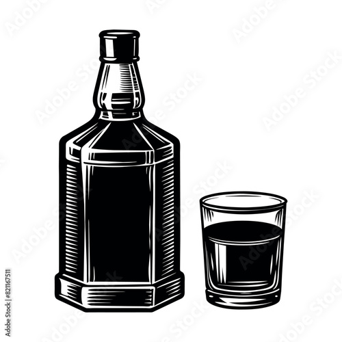 A bottle of alcohol with a glass next to it