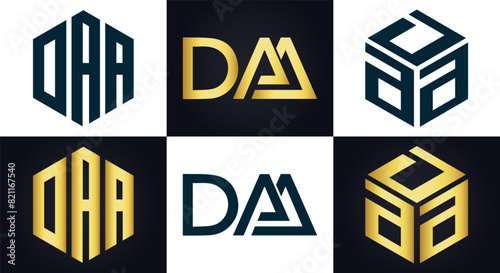 DAA logo. D A A design. White DAA letter. DAA, D A A letter logo design. D A A letter logo design in FIVE, FOUR, THREE, style. letter logo set in one artboard. D A A letter logo vector design.	
