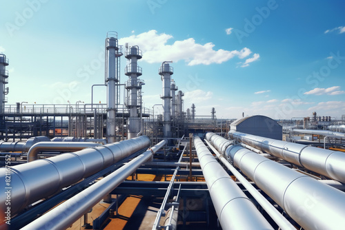 Aerial view of pipeline and pipe rack of industrial plant or industrial refinery factor with a clear sky at midday or noon; the future of energy