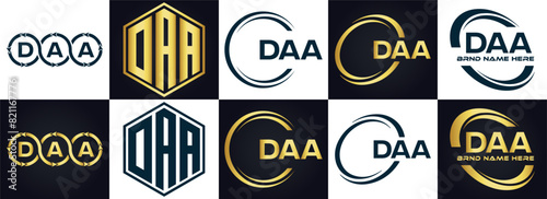 DAA logo. D A A design. White DAA letter. DAA, D A A letter logo design. D A A letter logo design in FIVE, FOUR, THREE, style. letter logo set in one artboard. D A A letter logo vector design.	
