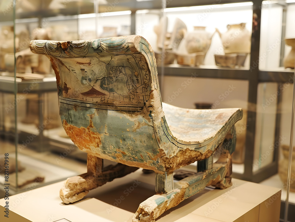 Intricate Ancient Egyptian Wooden Chair with Blue Hue and Hieroglyphics in Museum Setting: Highlight on Detailed Craftsmanship, Historical Value, and Antique Artifacts Displayed Under Soft Lighting