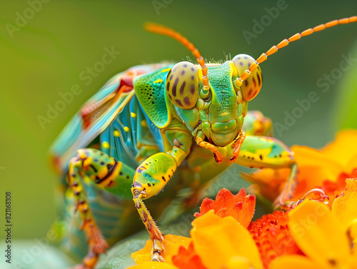Vivid Close-Up of Colorful Grasshopper with Green, Yellow, Orange, and Blue Patterns on Bright Orange-Yellow Flower - Detailed Antennae and Intricate Designs - Softly Blurred Background for Focus © Marcos