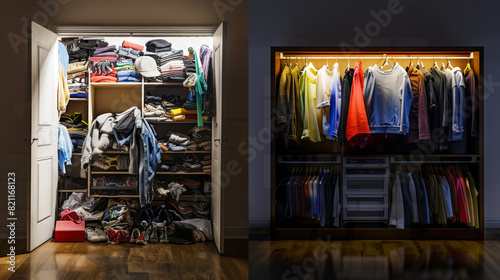 award winning photography, billboard advertisement, Fast Fashion vs Timeless One side depicts a cluttered closet filled with trendy, disposable clothing under harsh lighting, highl
