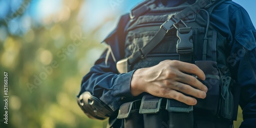 A detailed image focused on a police officer's upper body, showcasing the uniform and equipment such as a handgun in a holster and a bulletproof vest photo
