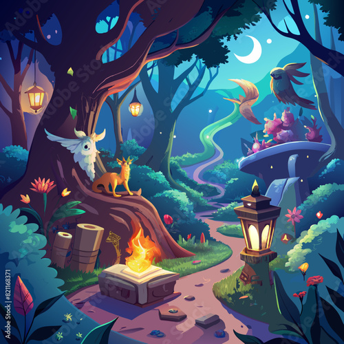 Glowing, enchanted forests with magical creatures for fantasy and storybook backgrounds.