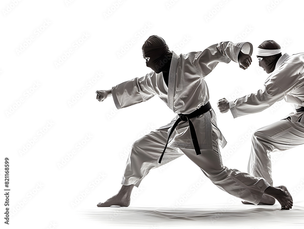 Naklejka premium High-Level Martial Artists in Dynamic Combat: Traditional Karate Gi and Black Belts, Ninja-Inspired Headgear, Intense Practice Scene Capturing Precision and Skill