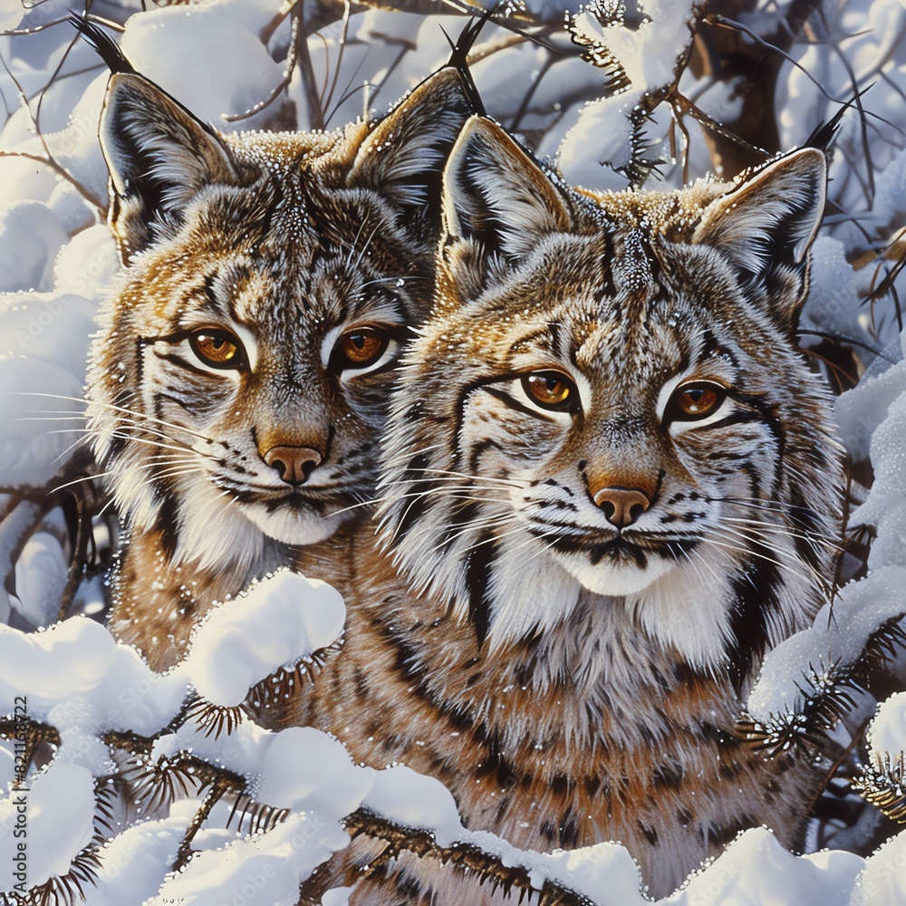 Fototapeta premium Two lynxes with piercing eyes, partially hidden by snowy shrubs, creating a scene of silent winter vigilance