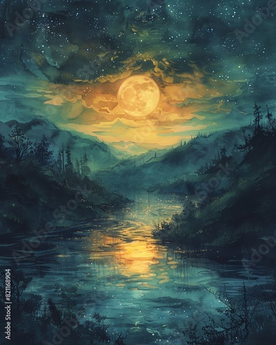 Fairytale landscape with a moonlit river reflecting starlight  surrounded by lush hills and dreamy watercolor skies