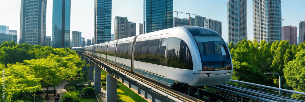 Naklejka premium A sleek, modern monorail train glides through a lush green urban environment under a clear blue sky