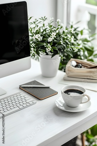 A cup of coffee next to a computer on a desk