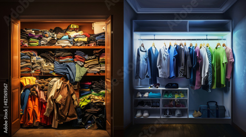 award winning photography, billboard advertisement, Fast Fashion vs Timeless One side depicts a cluttered closet filled with trendy, disposable clothing under harsh lighting, highl