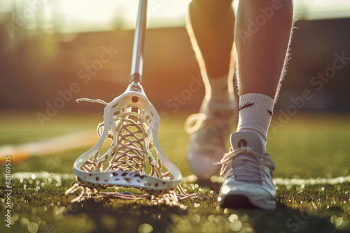 Close-up of a lacrosse stick and player's feet on the field at sunset, capturing the essence of dedication and sport photo