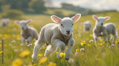 Playful baby lambs frolicking in a meadow, their bouncy jumps and bleats adding to the joyful atmosphere. photo