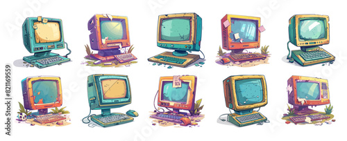404 computer error cartoon style vector set. Monitor failure malfunction breakdown old destroyed broken scratched dilapidated overgrown with grass bright concepts isolated on white background