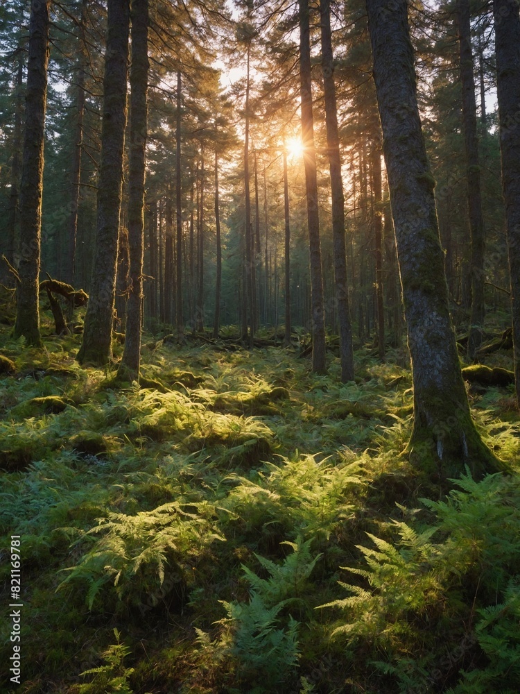Obraz premium Sunlight pierces through tall, dense trees illuminating lush, green ferns below in serene forest. Golden rays create magical atmosphere, highlighting intricate details of ferns.