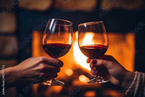 two people hands toasting with red wine glasses during a party at home with a fireplace background at night, a happy celebration concept