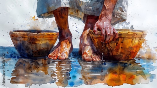 Jesus Washing Disciples' Feet - Digital Watercolor Painting of Maundy Thursday Scene from New Testament, Spiritual Christian Artwork, AI Generated 4K Wallpaper