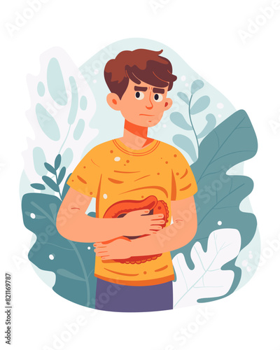 Abdominal pain cartoon vector scene. Young guy both hands stomach holding intestines digestion liver gastroenterology unhealthy nutrition character healthcare health problems, illustration isolated on