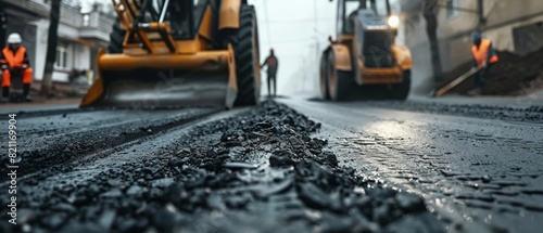 The image shows a close-up of an asphalt road being paved with a large machine in the background. photo
