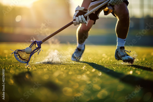 Close-up action shot of lacrosse player scooping ball during a dynamic game at sunset with focus on lacrosse stick and ball photo