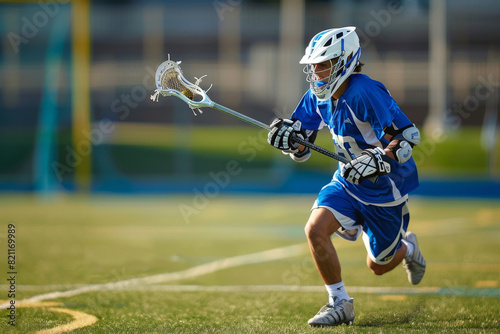 Focused lacrosse player in blue uniform sprints across the field, skillfully maneuvering the stick and ball during a competitive game photo