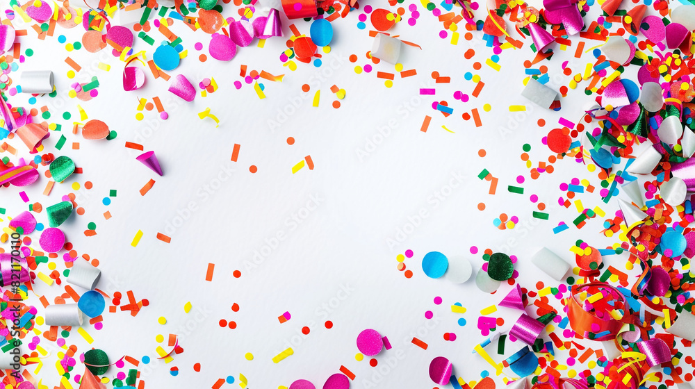 A festive confetti background with ample space for your personalized message, ideal for sending cheerful wishes on birthdays, holidays, or special occasions on solid white background,
