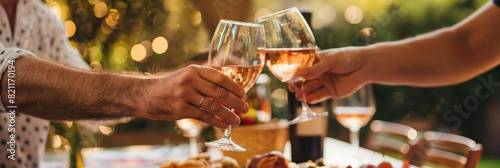 Close-up of individuals clinking wine glasses, celebrating outdoors with a bokeh background suggesting a joyful moment photo