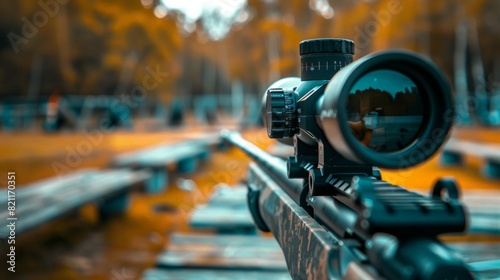 A rifle with a scope is pointed at a wooden bench