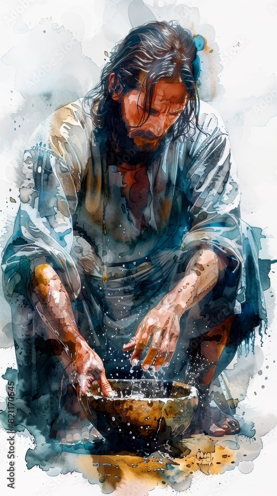 Jesus Washing Disciples' Feet - Digital Watercolor Painting of Maundy Thursday Scene from New Testament, Spiritual Christian Artwork, AI Generated 4K Wallpaper