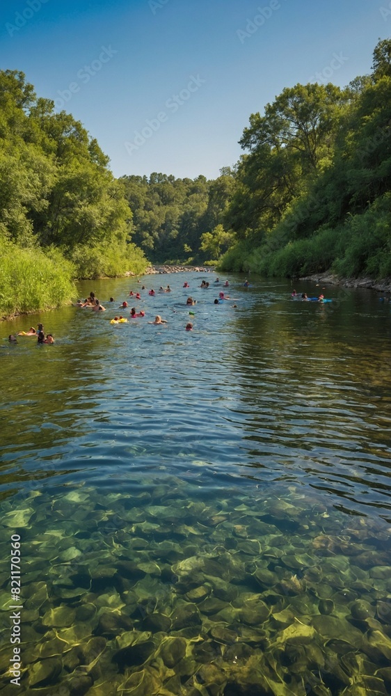Group of individuals enjoy tranquil journey down river, surrounded by lush greenery. Rivers water crystal clear, revealing smooth stones beneath. Dense trees, shrubs line river banks. Group of individuals enjoy tranquil journey down river, surrounded by lush greenery. Rivers water crystal clear, revealing smooth stones beneath. Dense trees, shrubs line river banks.