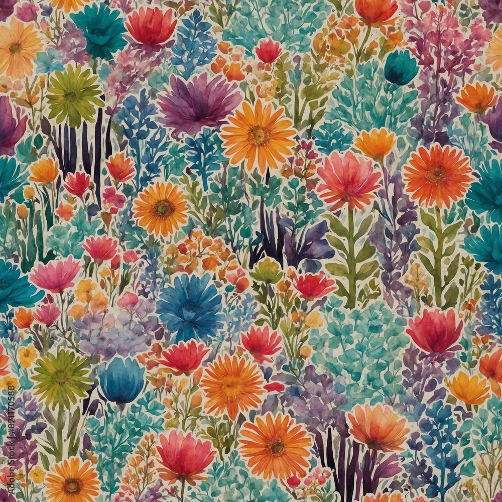 Fototapeta Vibrant array of flowers fills frame, showcasing mix of colors, species in full bloom. Floral pattern dense, with each flower painted in exquisite detail, creating lively.