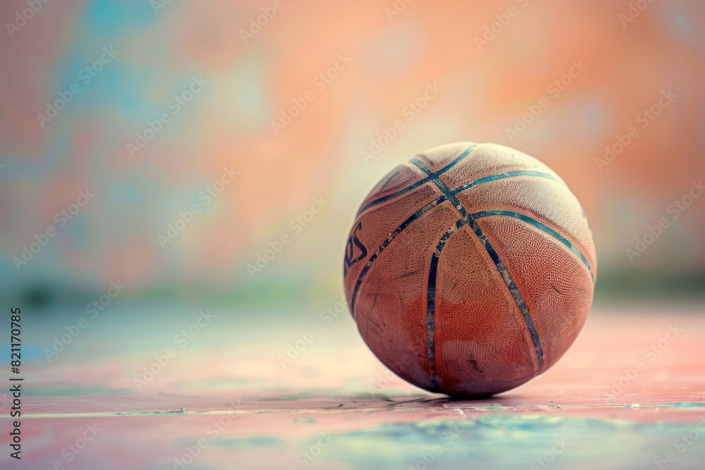 Old, weathered basketball sits on a vibrantly painted court, evoking nostalgia and sports spirit in a tranquil setting Old, weathered basketball sits on a vibrantly painted court, evoking nostalgia and sports spirit in a tranquil setting