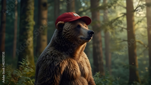 A charming, cuddly bear with a jaunty cap, gazing longingly at the vast, enchanting forest before him, eager for a new journey photo