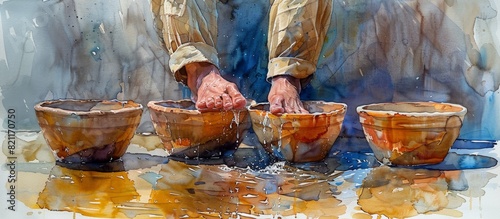 Jesus Washing Disciples' Feet - Digital Watercolor Painting of Maundy Thursday Scene from New Testament, Spiritual Christian Artwork, AI Generated 4K Wallpaper