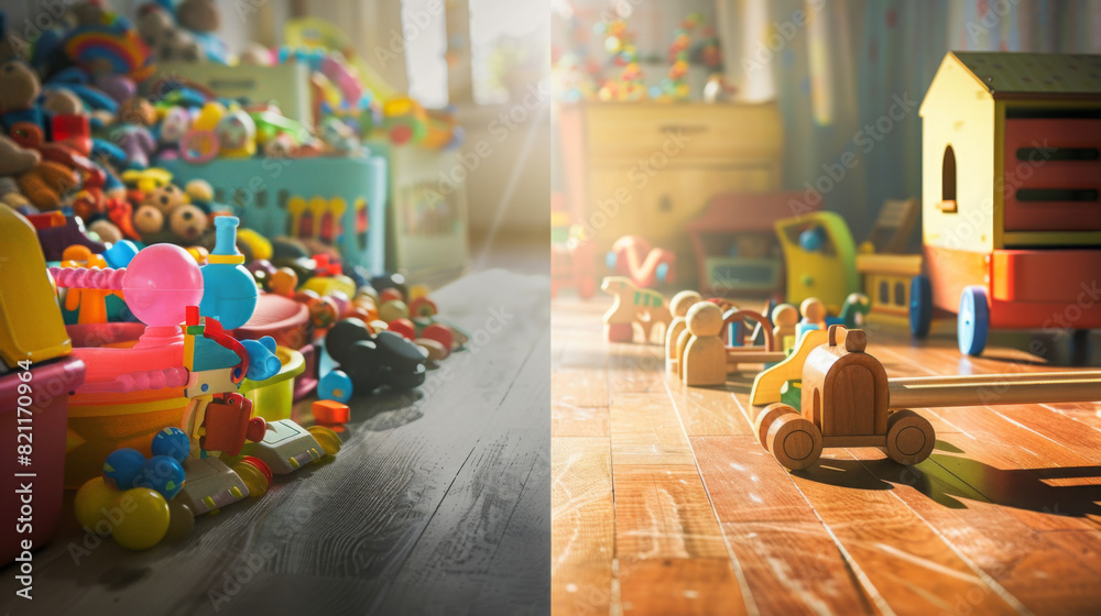 Naklejka premium award winning photography, billboard advertisement, Plastic Toy Clutter vs Wooden Toy On the left, a child?s room is cluttered with bright plastic toys under the harsh, artificial