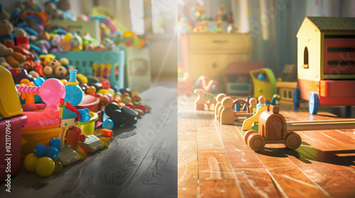 award winning photography, billboard advertisement, Plastic Toy Clutter vs Wooden Toy On the left, a child?s room is cluttered with bright plastic toys under the harsh, artificial