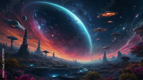 Ufos hover in vibrant, otherworldly landscape under massive planet, starry sky. Towering rock formations, alien vegetation silhouetted against radiant glow of distant galaxy.
