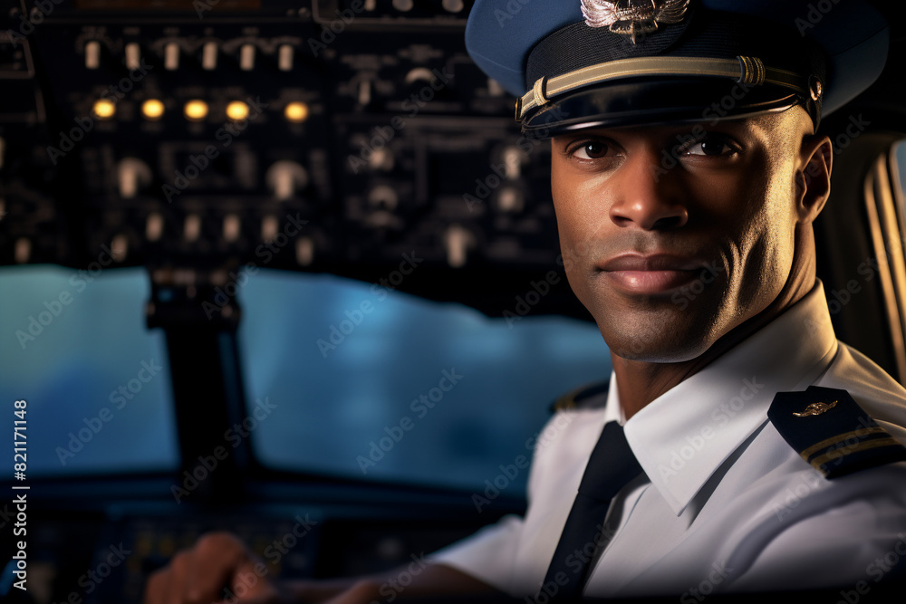 An adult South-African male captain sitting in the airplane cockpit wearing a vintage captain pilot costume An adult South-African male captain sitting in the airplane cockpit wearing a vintage captain pilot costume