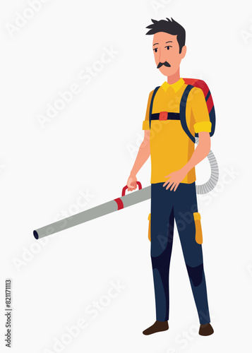 Professional gardener working on backyard in autumn. Male handyman cleaning ground and collecting leaves with garden vacuum. Colored flat vector illustration of professional worker